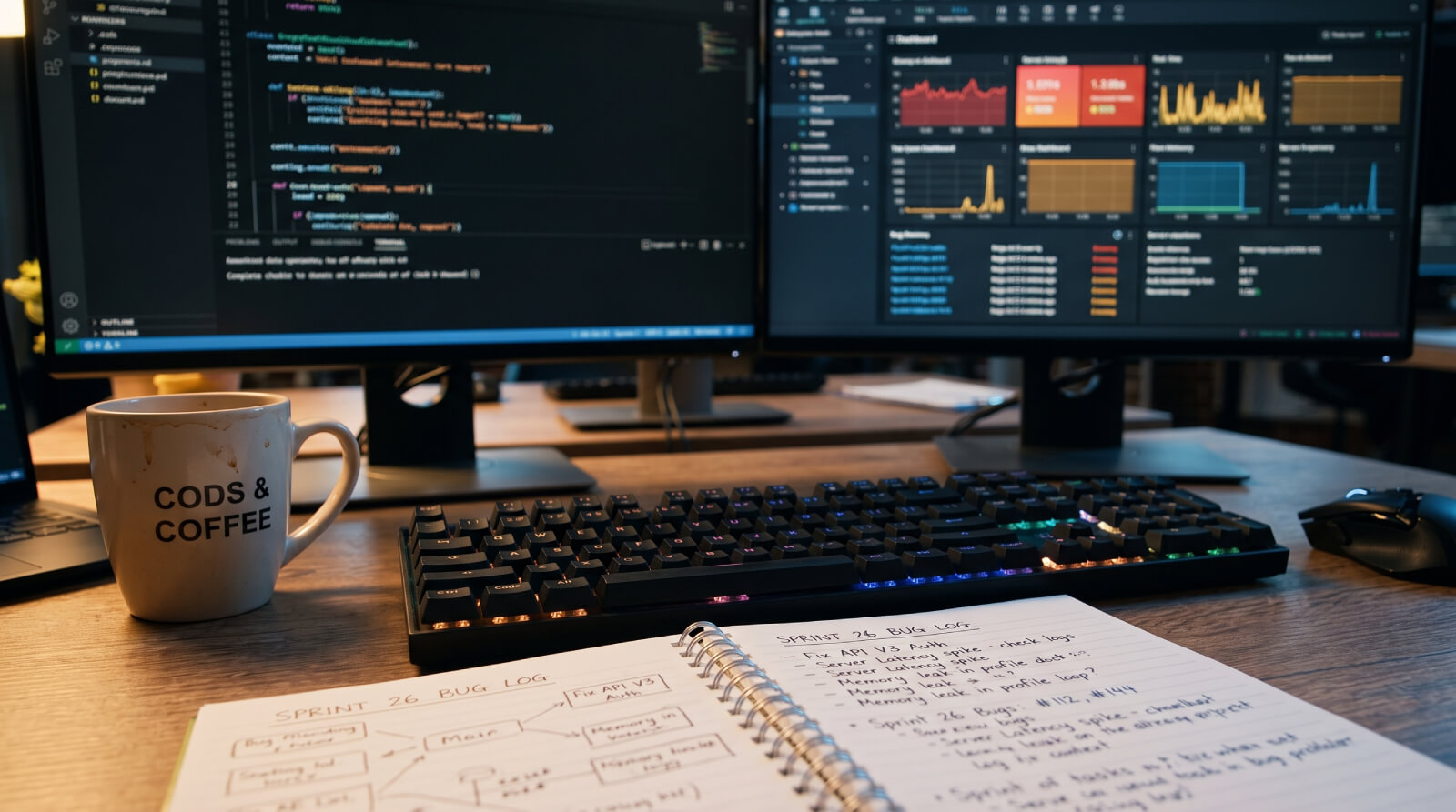 Professional developer workstation setup with sprint log
