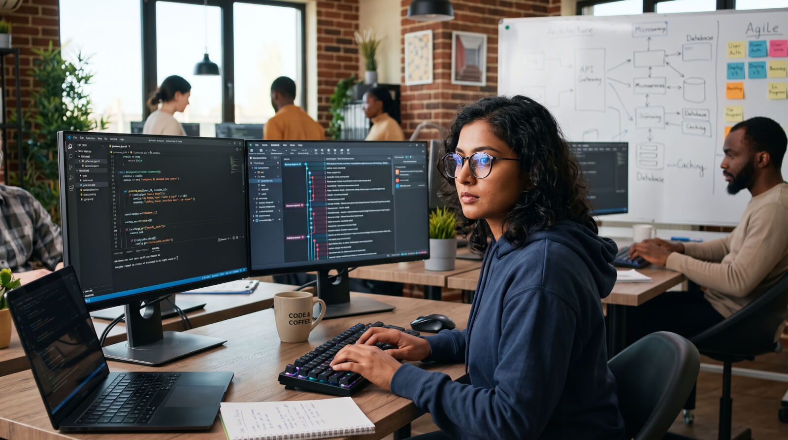 Developer coding at workstation in professional environment